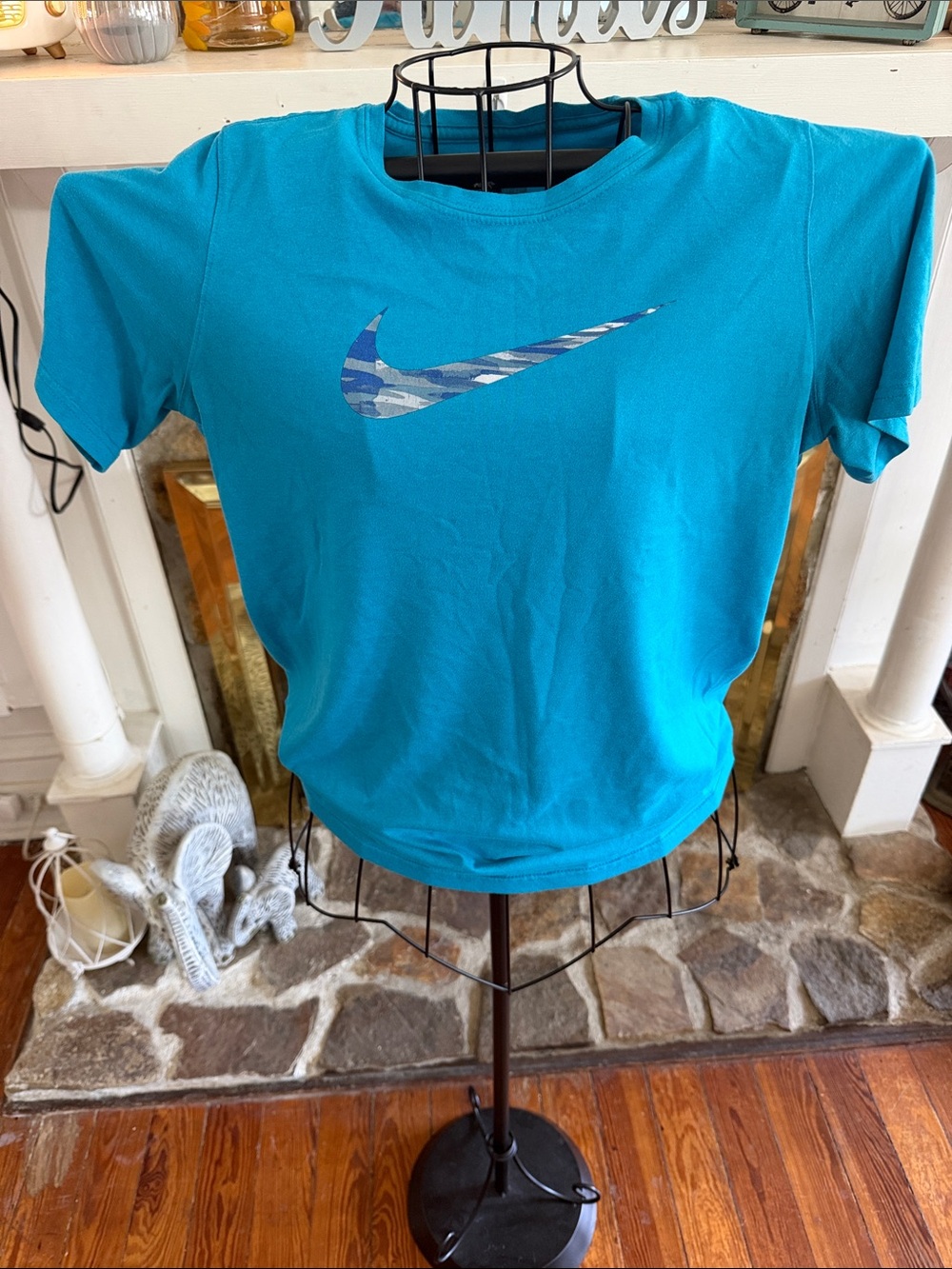 Nike Women's Short Sleeve Tee Turquoise with Blue Camo Swoosh